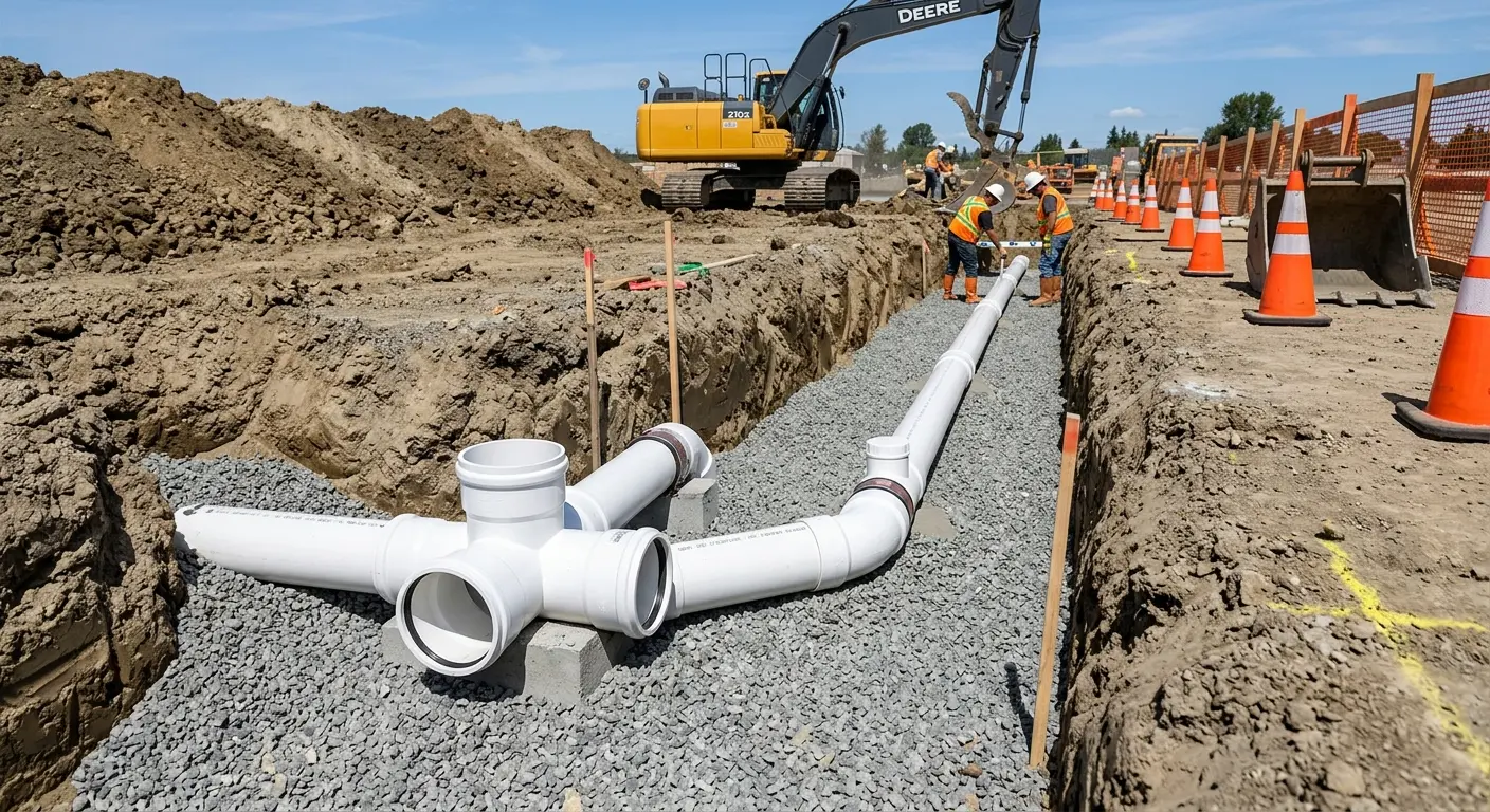 New PVC sewer pipe installation in open trench for Grease Trap Cleaning in Napoleon