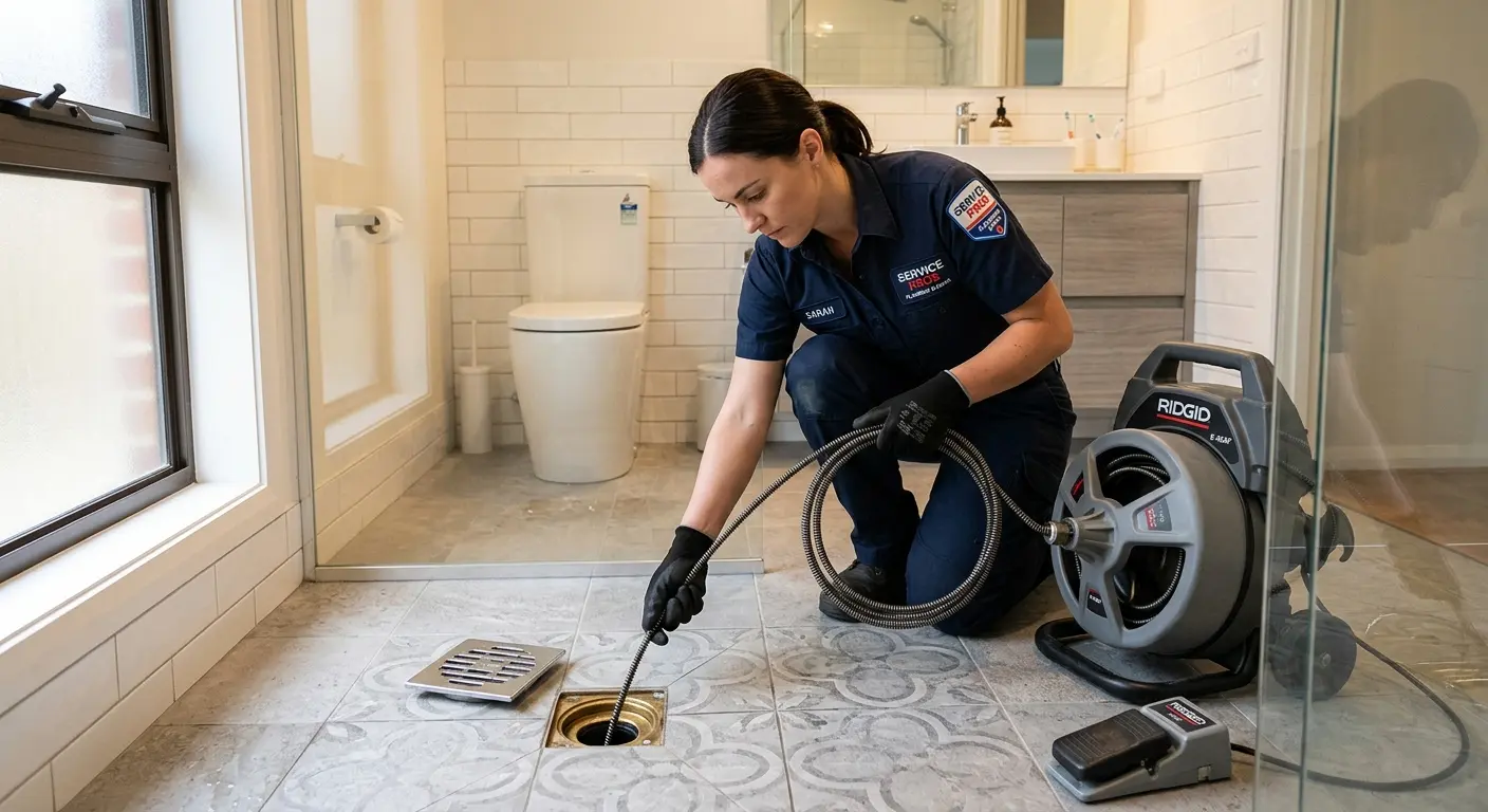 Technician clearing a bathroom floor drain for Sewer Line Installation in Napoleon
